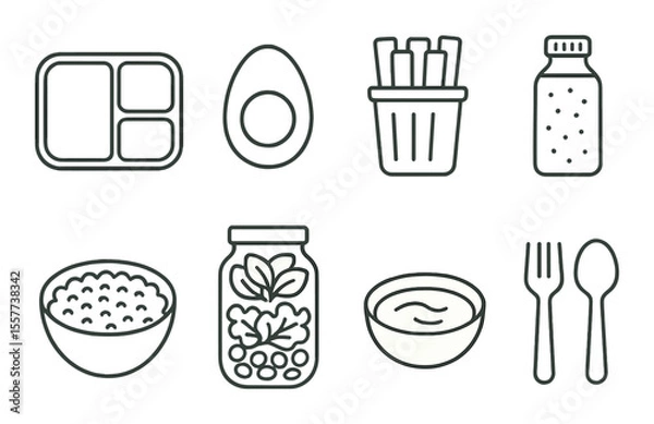 Fototapeta Healthy meal icons set – outline style, nutritious and balanced food symbols