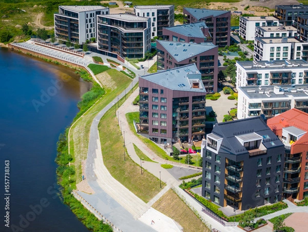 Obraz New modern residential building district Piliamiestis in Kaunas with modern facades. Aerial drone view photo.