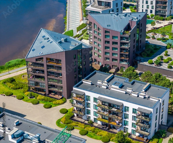Obraz New modern residential building district Piliamiestis in Kaunas with modern facades. Aerial drone view photo.