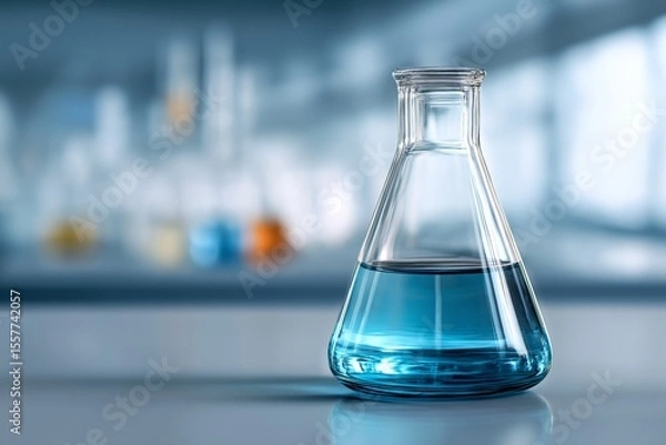 Fototapeta Laboratory Flask with Blue Liquid Glow