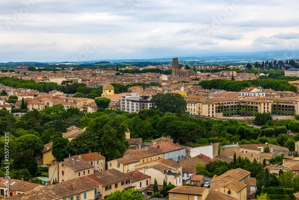 Fototapeta Panoramic View of the Bastide Saint-Louis Dominated by the Church of Saint-Vincent from the Cité de Carcassonne
