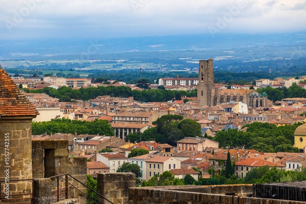 Fototapeta Panoramic View of the Bastide Saint-Louis Dominated by the Church of Saint-Vincent from the Cité de Carcassonne