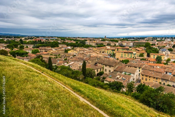 Fototapeta Panoramic View of the Bastide Saint-Louis Dominated by the Church of Saint-Vincent from the Cité de Carcassonne