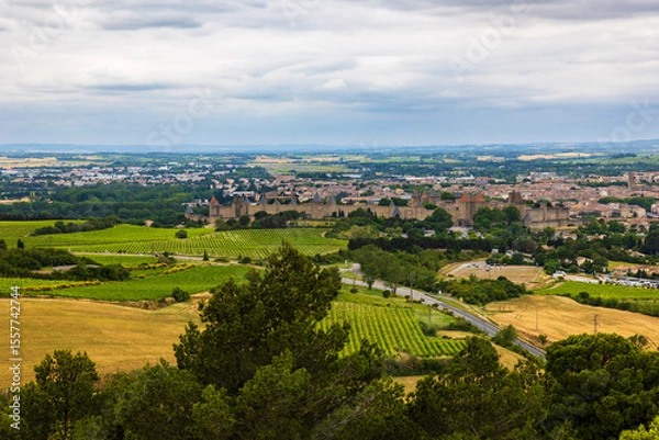 Fototapeta Panoramic View of the Cité de Carcassonne from the Hills Outside the City