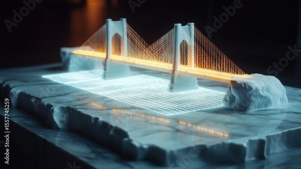Fototapeta A stylized rendering of a bridge model with glowing lights on a marble like surface in a dark setting