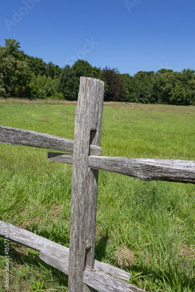 Fototapeta beautiful countryside scene with green fields, trees, blue sky, and a rustic wooden fence