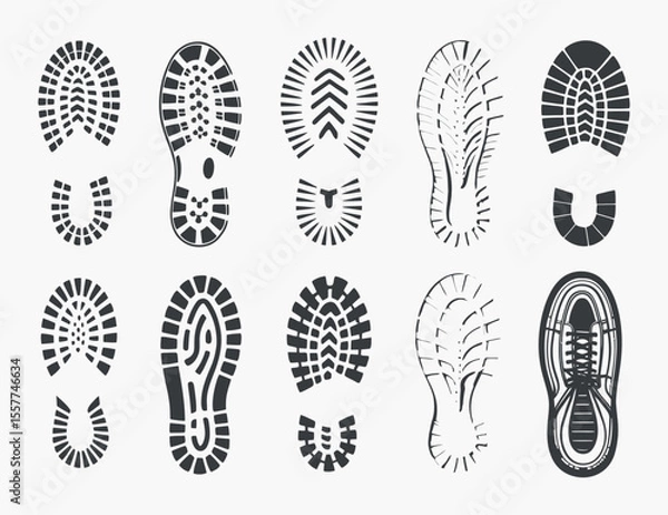 Fototapeta Collection of Various Shoe Sole Prints in Monochrome Style Set different shoe sole prints simple graphic style shoe prints footprints sole prints shoe