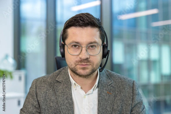 Obraz Close-up portrait of a young serious male office worker and assistant sitting at his workplace in a headset and looking intently at the camera