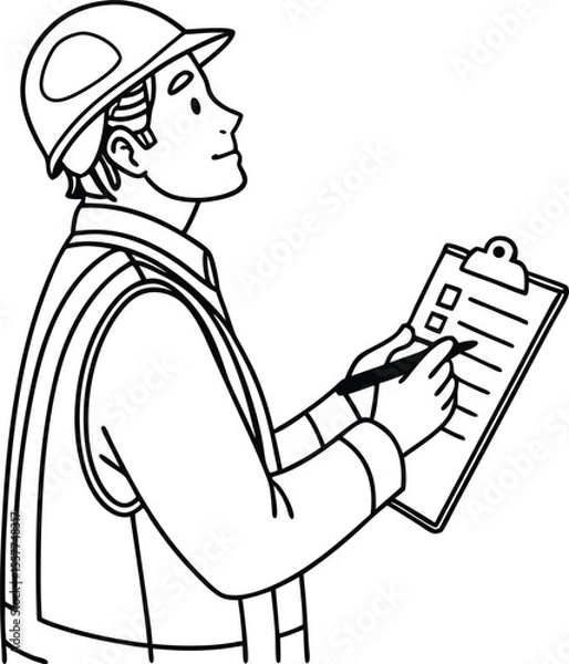 Fototapeta Construction Worker with Checklist – Line Art Vector Illustration