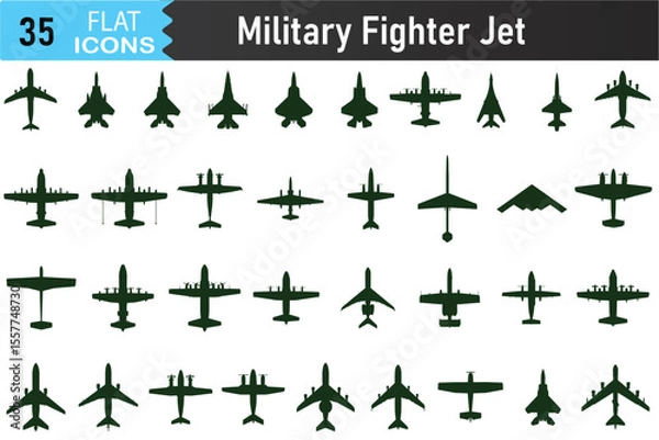 Fototapeta Military Fighter Jet Silhouette Vector Set. Modern Aircraft Icons Including F-22, MiG, Su, Eurofighter, and Stealth Jets on white background. Vector illustration