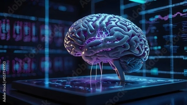 Fototapeta Glowing Holographic Brain in Futuristic AI Lab