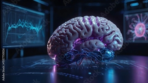 Fototapeta Glowing Holographic Brain in Futuristic AI Lab