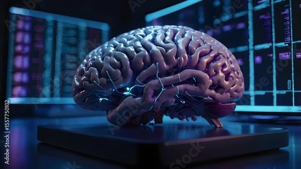 Fototapeta Glowing Holographic Brain in Futuristic AI Lab