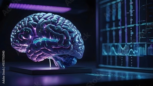 Fototapeta Glowing Holographic Brain in Futuristic AI Lab