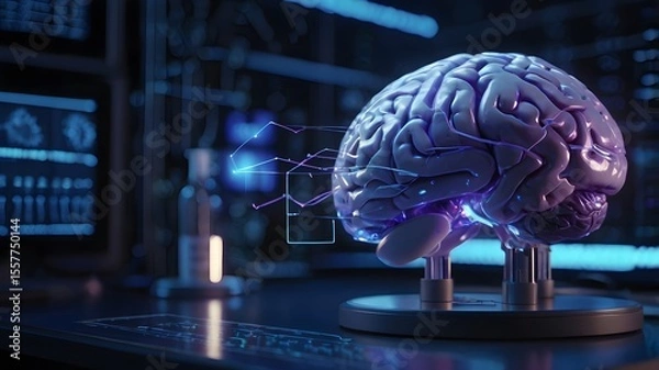 Fototapeta Glowing Holographic Brain in Futuristic AI Lab