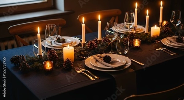 Obraz Setting Festive Table with Candles, Pinecones and Plates