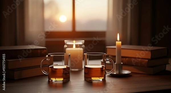 Obraz Relaxing Evening Still Life with Books, Tea, and Candlelight