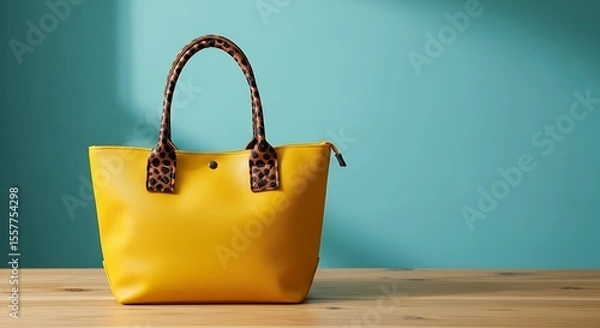 Obraz Stylish Yellow Tote Bag with Patterned Handles on Wooden Table