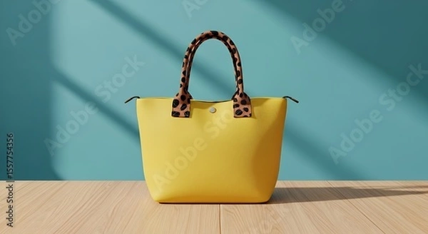 Obraz Yellow Tote Bag with Spotted Handles on Wood Floor Against Turquoise Wall