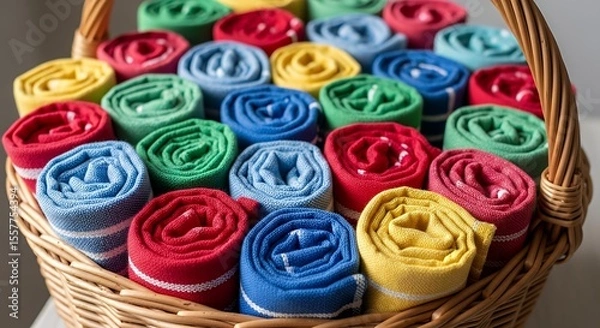 Obraz Colorful Rolled Towels in Wicker Basket Display