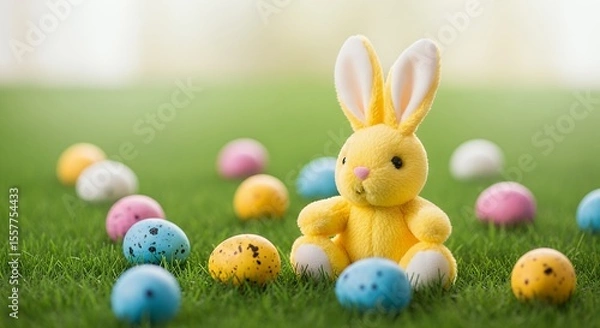 Obraz Sitting Toy Bunny with Colored Eggs on Green Grass