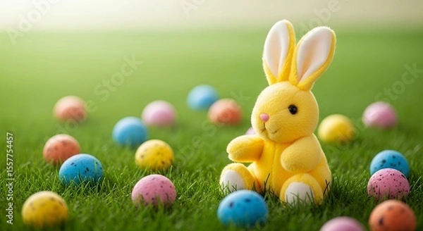 Obraz Toy Bunny Sitting in Grass with Decorated Eggs for Spring Celebration