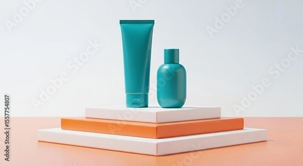 Obraz Cosmetic Products Display on Tiered Platform for Skincare Presentation