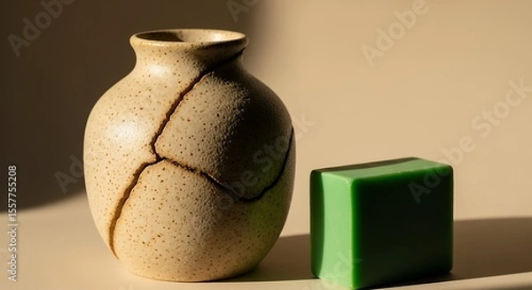 Obraz Vase with Repair and Green Cube on Surface