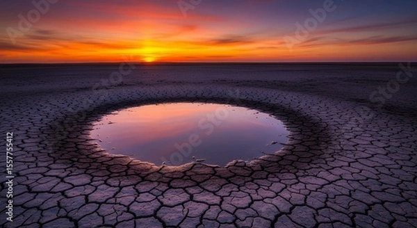 Obraz Reflecting Sunset in Water Hole on Cracked Dry Land