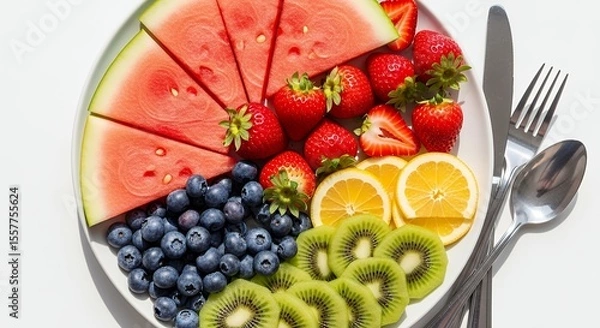 Obraz Eating Fresh Summer Fruits Watermelon and Berries on a Plate