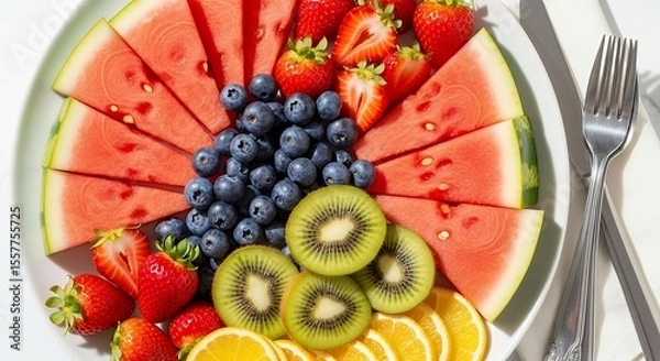 Obraz Arrangement of Fresh Fruits on Plate with Watermelon, Strawberry, Kiwi and Blueberry
