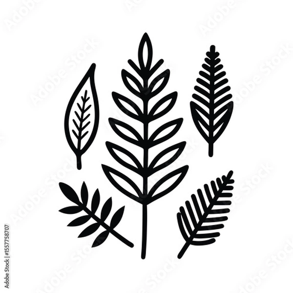Obraz Leafy illustration set minimalist line drawings of green leaves Vector illustration