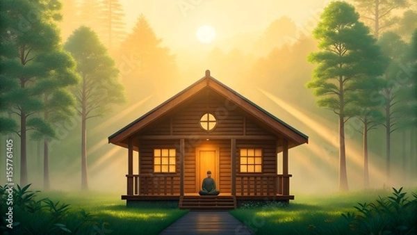 Fototapeta A serene wooden cabin nestled in a lush green forest, bathed in golden sunrise rays, with a person meditating on the porch surrounded by tranquil nature.

