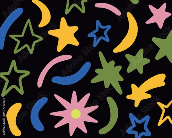 Fototapeta Seamless fun kid pattern with multicolor hand drawn stars. Colorful abstract background with fireworks. Childish cool geometric design for fabric, cover, banner, label, print, wrapping, wallpaper
