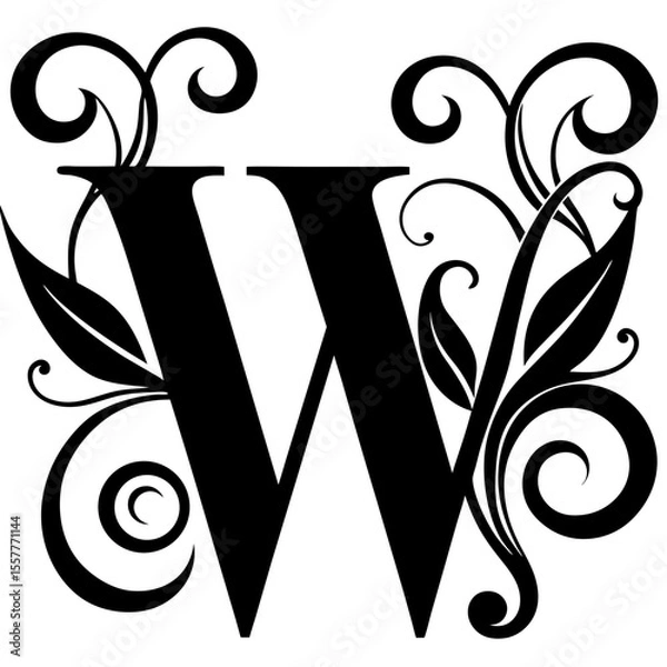 Fototapeta Decorative stylized letter W with floral elements, isolated vector image on transparent background