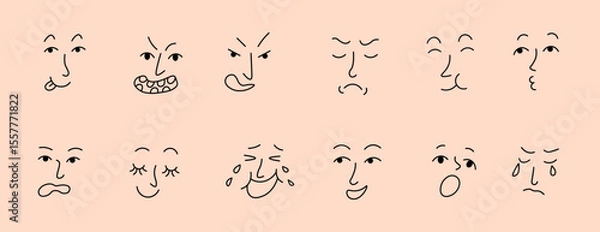 Fototapeta linear doodle faces set in vector. Elements for avatar sticker poster print mascot design character postcard