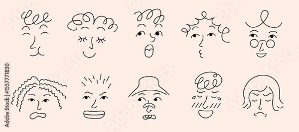 Fototapeta linear doodle faces set in vector. Elements for avatar sticker poster print mascot design character postcard