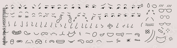 Fototapeta linear doodle parts of faces set in vector. Elements for avatar sticker poster print mascot design character postcard