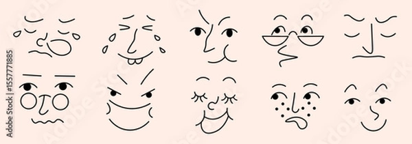 Fototapeta linear doodle faces set in vector. Elements for avatar sticker poster print mascot design character postcard
