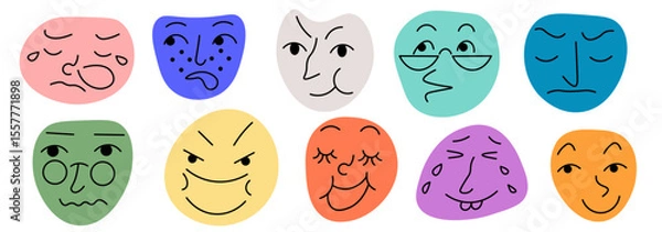 Fototapeta linear doodle faces on colored spots set in vector. Elements for avatar sticker poster print mascot design character postcard
