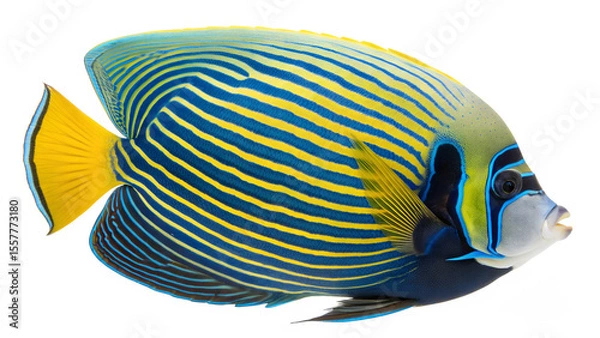Obraz A vibrant Emperor Angelfish with blue and yellow stripes swims against a transparent background. The fish displays a rounded body and distinct facial markings.