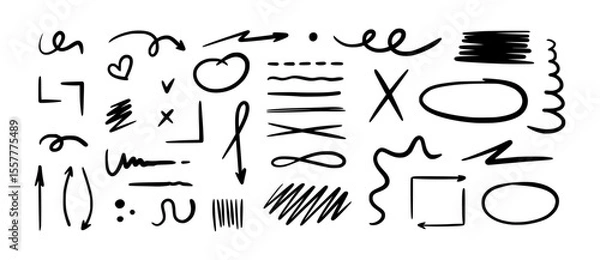 Obraz Hand drawn arrows, lines, symbols, sketchy markers in black on white background. Doodle style design elements including circles, check marks, scribbles, highlights, underlines, callouts. Perfect for