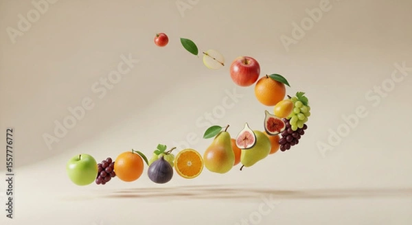 Obraz Various colorful fruits, including apples, oranges, pears, figs, and grapes, are arranged in a dynamic swirling or curved line, appearing to float against a soft beige background.