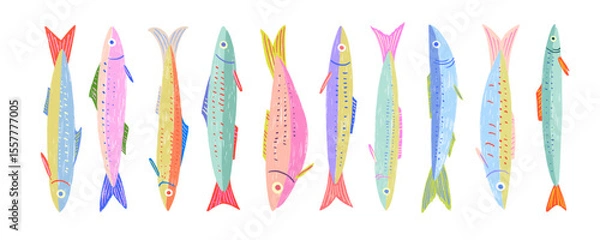 Obraz Colorful funky crayon drawn decorative sardines. Cartoon stickers of fish. Bright doodle illustration with pencil cute texture. Kid drawn sardine, tuna, salmon, mackerel. Playful portugal fish.