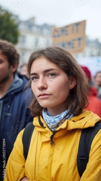 Fototapeta A young White Woman in a Yellow Raincoat and Bandana, Looking Up Thoughtfully at a Climate Protest in a City