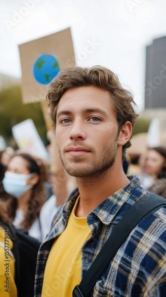 Fototapeta A young white man in a checked shirt, looking directly at the camera during a climate protest, with a crowd behind him.