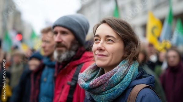 Fototapeta A white woman in a blue jacket and colourful scarf, smiling thoughtfully at an outdoor climate protest march in a city.