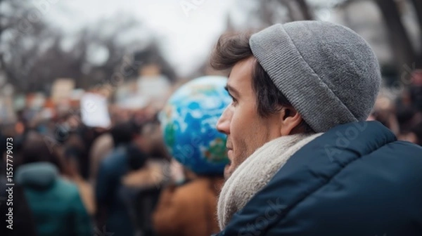 Fototapeta A white protester in a grey cap and blue puffer jacket at a climate protest in a city park with an inflatable globe.