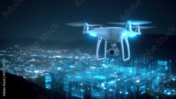 Fototapeta Drone hovers over cityscape at night, illuminated by blue lights, symbolizing advanced technology and futuristic urban exploration