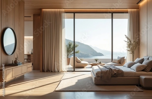 Fototapeta Modern bedroom with circular mirror, hallway in upscale residence. Minimalist design with natural light. Open plan apartment with sea view. Interior decor, furniture, comfortable, cozy, new home,